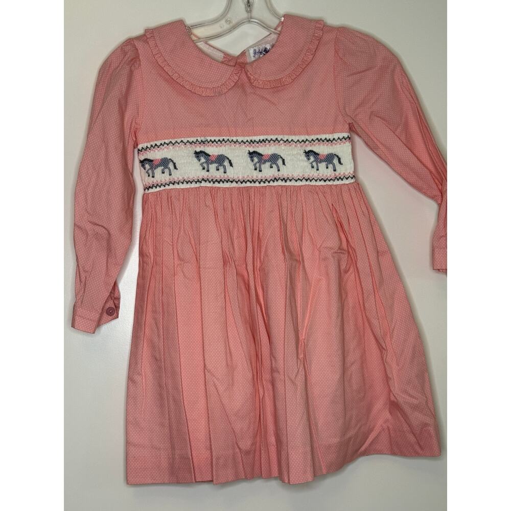 Rachel Riley Vintage Horse Smocked Peter Pan collar dress pink 10Y Girls